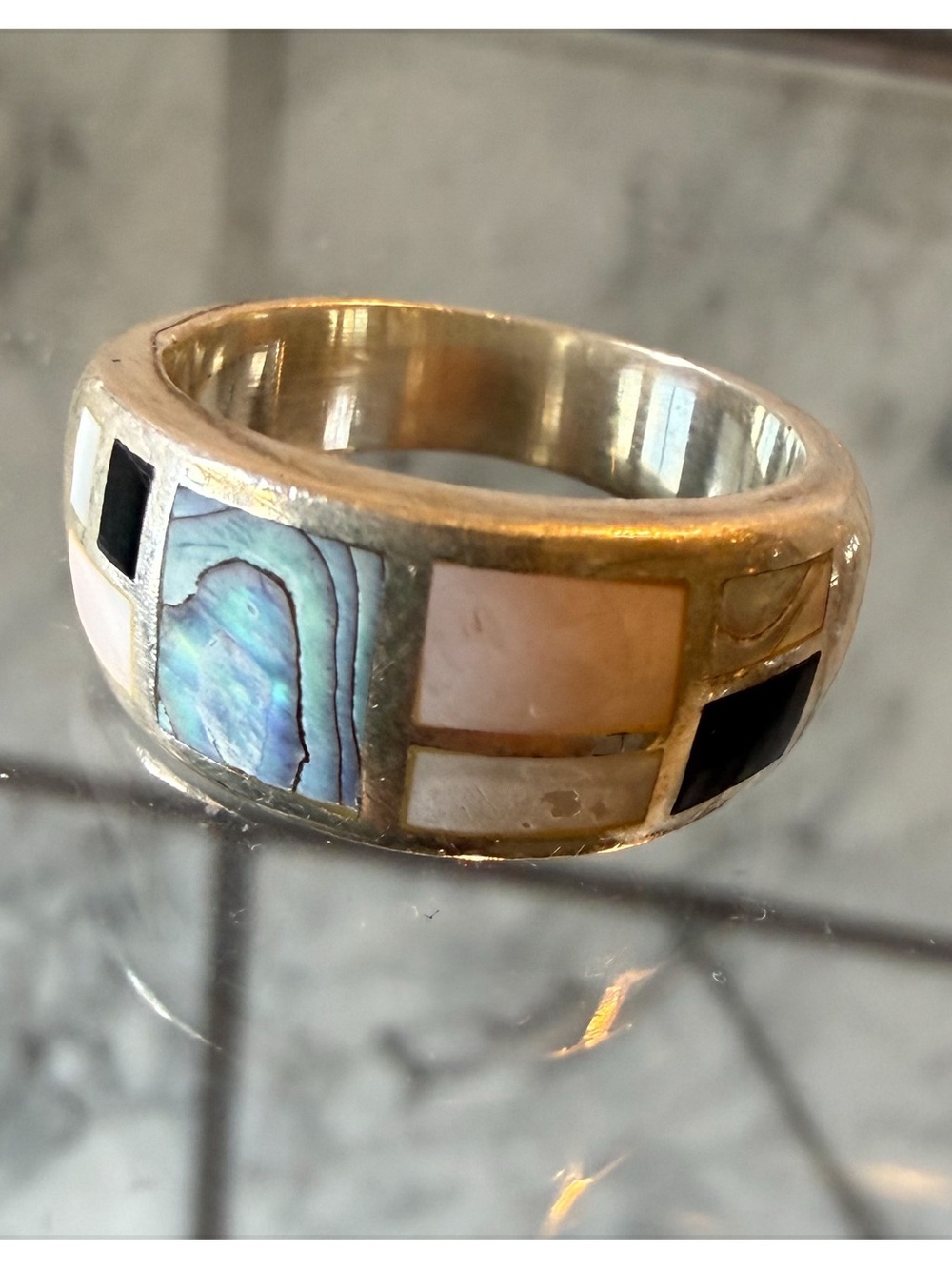 Sterling Silver Inlay Multicolor Abalone and Mother-of-Pearl Band Ring